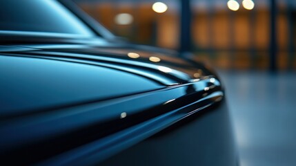 Fototapeta na wymiar Sleek black car detail, showroom, lights blurred background, automotive advertising