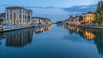 Obraz premium Serene Twilight on Calm Waterway with Elegant Historic Architecture