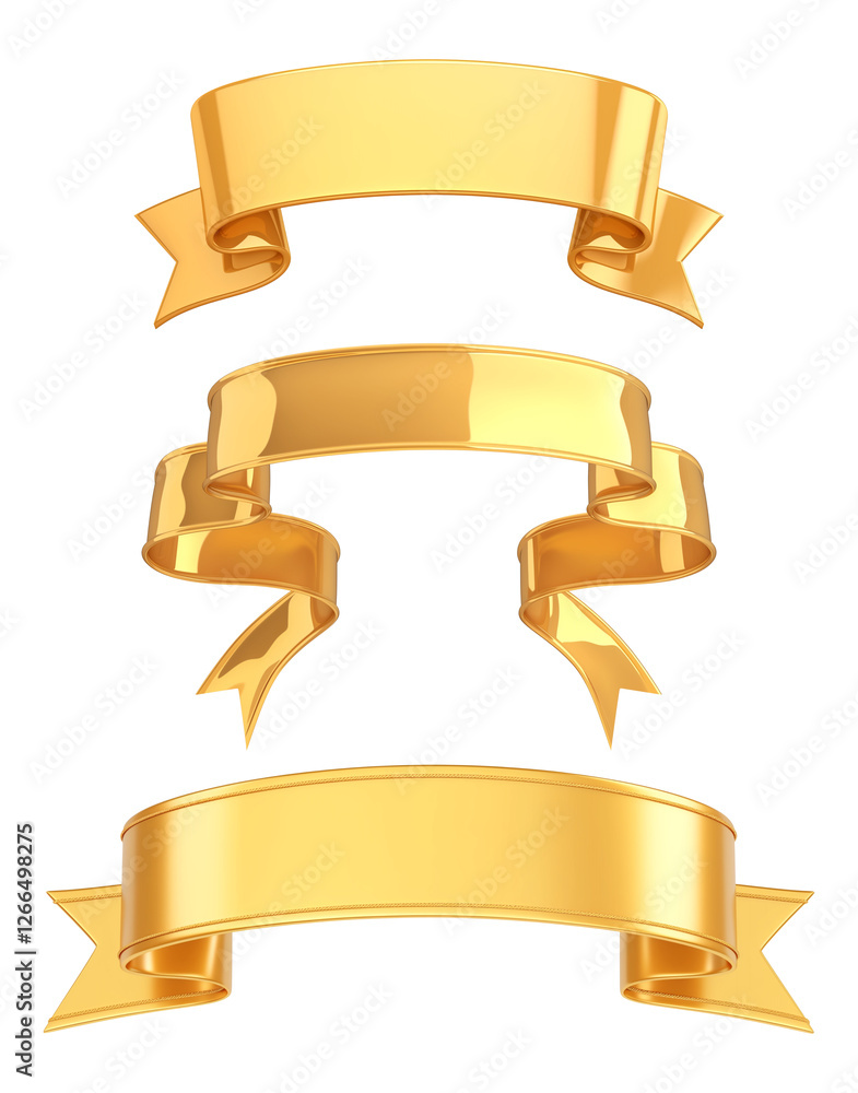 Poster three shiny gold ribbons with reflective texture on transparent background