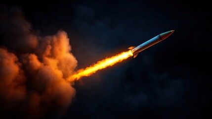 Missile launch night sky fiery trail smoke