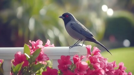 Obraz premium Gray bird perched on planter, vibrant flowers, garden, sunlight