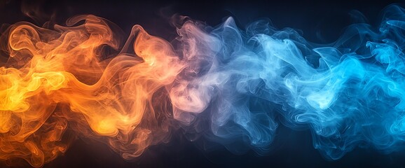 Fototapeta premium Abstract swirling orange & blue smoke, dark background, design element