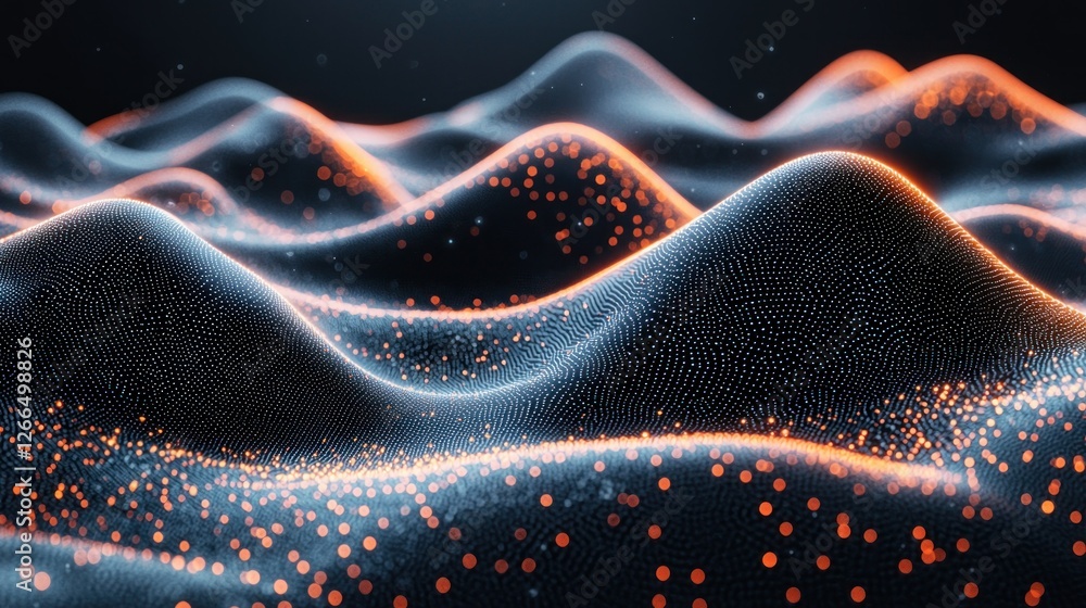 Poster abstract glowing particle waves on dark background, data visualization