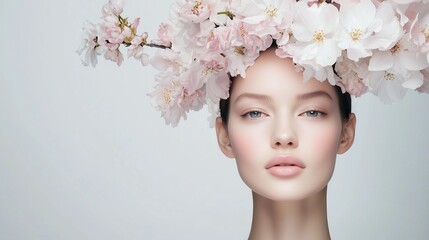 Floral Crown Beauty: Serene beauty portrait of a young woman adorned with a delicate crown of pink cherry blossoms, embodying natural elegance and ethereal charm.