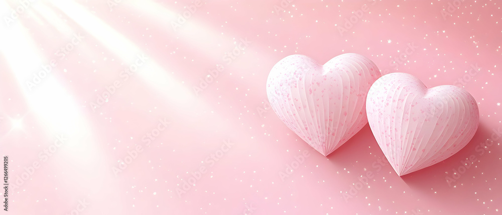 Poster Two hearts, pink background, light rays. Valentine's card