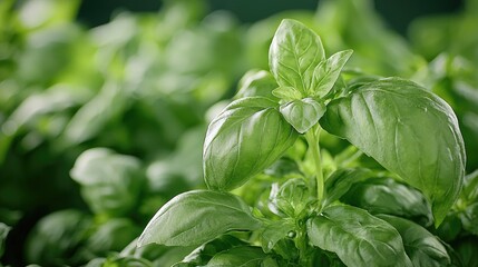 Fresh basil leaves, garden closeup, blurred background, food recipe