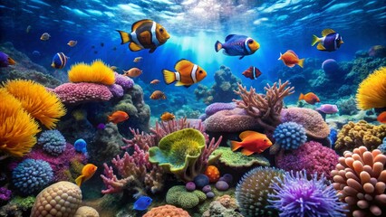 Obraz premium Vibrant Underwater Scene Showcasing a Thriving Coral Reef Ecosystem with Diverse Colorful Fish