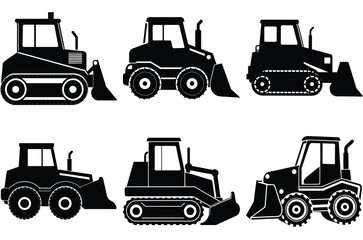 Naklejka premium Heavy Bulldozer silhouette set, Bulldozer construction tractor vector illustration