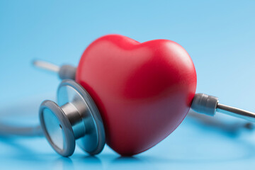 Red heart shape exercise ball with doctor physician's stethoscope on blue background, hospital life...
