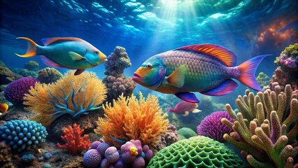 Vibrant Reef Scene Featuring Two Tropical Fish Swimming Amongst Colorful Coral and Aquatic Plants