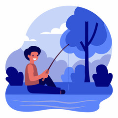 Smiling boy fishing by the river with trees in the background