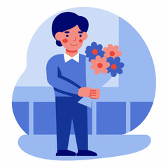 Happy man holding colorful flowers in a bright room