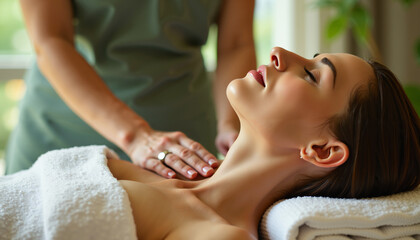 Relaxing Spa Treatment Woman Receiving Chest and Neck Massage