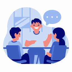Fototapeta premium Smiling man talking with two friends at table