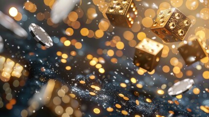 A bunch of golden dice are flying through the air