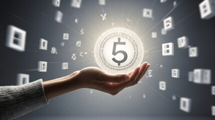 Hand Holding Illuminated Number Five with Floating Digits, Digital Art Concept