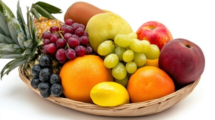 Assorted Fresh Fruits in a Wicker Basket on White Backdrop Featuring Vibrant Colors