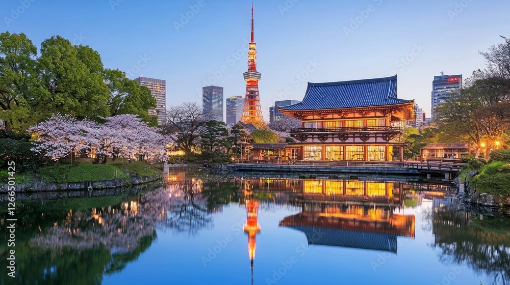 Poster tokyo vibrant skyline at night, bathed in bright lights and with an impressive array of modern archi
