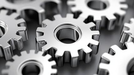 Close Up of Interlocking Silver Gears on Grey Background Industrial Machine