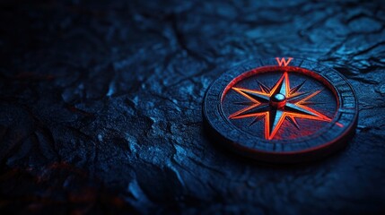 Glowing compass on dark rock, adventure concept