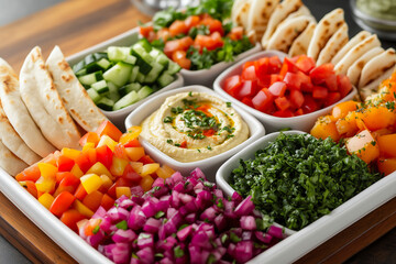 Healthy food platter with colorful vegetables and hummus