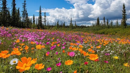 A forest background image showcasing a vibrant field of wildflowers in full bloom, with pine trees and fluffy white clouds overhead