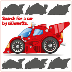 Children's game, puzzle. Search for a car by silhouette. Isolated on white background. Vector illustration.