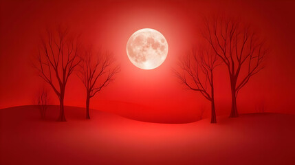 Red moon night, bare trees, winter landscape