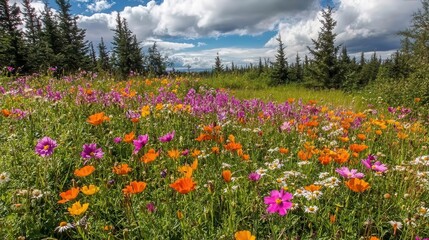Obraz premium A forest background image showcasing a vibrant field of wildflowers in full bloom, with pine trees and fluffy white clouds overhead