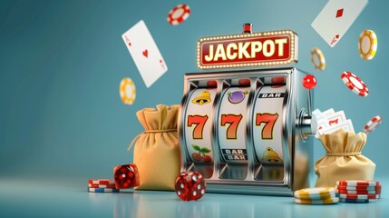Naklejka premium A slot machine with a bar sign and a bunch of chips and dice