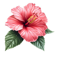 Realistic Tropical Hibiscus Blossom with Lush Leaves, Isolated PNG