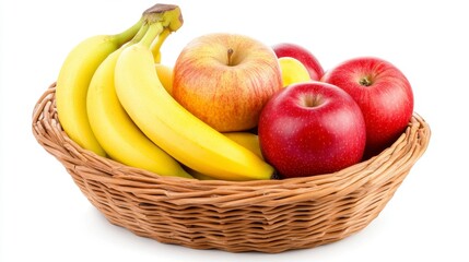 Woven Basket Filled with Ripe Apples and Bananas on White Background