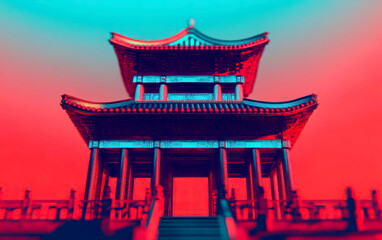 A vibrant, artistic view of an Asian pagoda against a colorful backdrop.