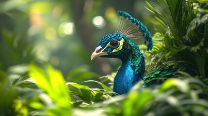Obraz premium Vibrant peacock amidst lush greenery, showcasing its colorful feathers in a serene jungle setting