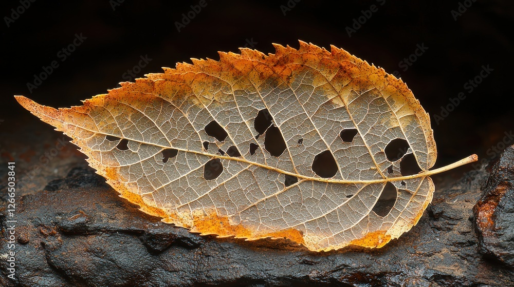 Poster a detailed close-up of a delicate, translucent leaf with intricate patterns.