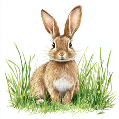 Fototapeta premium Cute Watercolor Illustration of a Rabbit Sitting Among Lush Green Grass in Soft Colors
