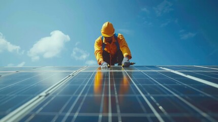 A man in a yellow jacket is working on a solar panel