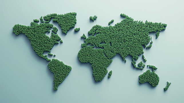 world map made of trees and rivers on light background