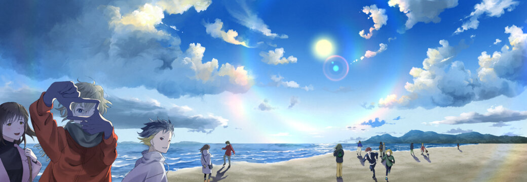 海辺で青春を楽しむ人々,エモい,空,雲