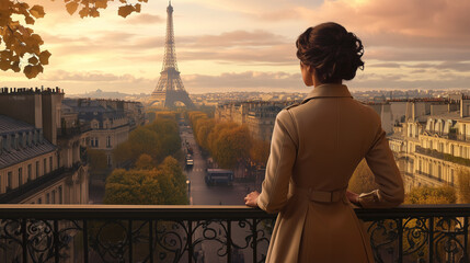 A stylish woman in a beige trench coat admires the stunning view of the Eiffel Tower from a Parisian balcony at sunset, capturing the romance and elegance of the city. Image made using Generative AI.