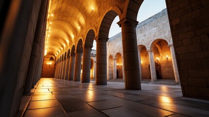 Obraz premium Illuminated Courtyard Columns, Architecture, Evening, Peaceful