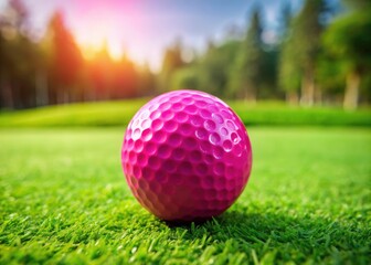 Naklejka premium Rule of thirds composition highlights a lone pink golf ball, striking against the green.