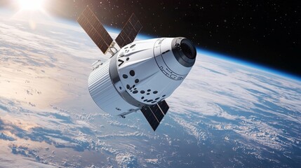 Spacecraft Orbiting Earth with Sunlight and Blue Planet Background