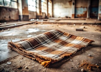 Scotch plaid placemat, a lone detail amidst decaying factory floor; urban exploration's stark contrast.