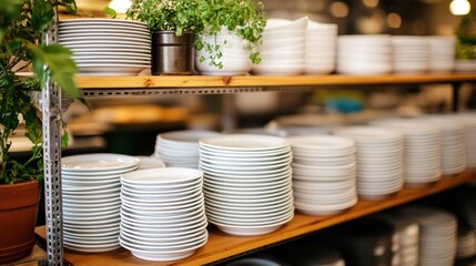 Restaurant kitchen stacked white plates on wooden shelves, herbs in pots