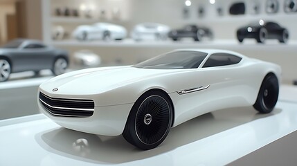 Obraz premium White sports car model, showroom display