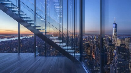 Obraz premium Modern Office Interior With Glass Stairs and City Skyline View