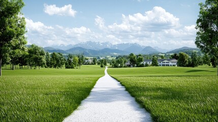 Obraz premium Pathway to mountain valley homes, green field