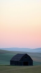 Serene Barn in Rolling Hills at Dawn under Pastel Sky