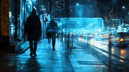 Blurred figures walking in city at night.